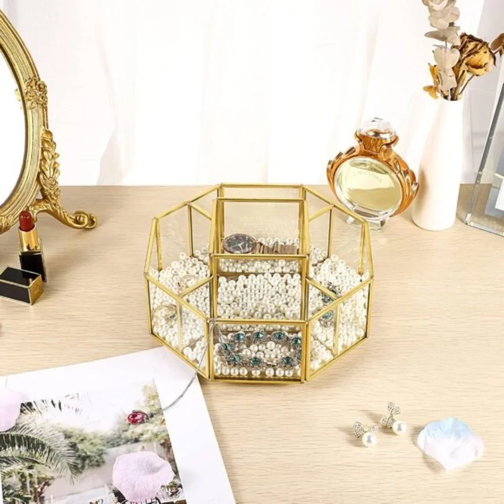 360° Rotating Glass Makeup Organizer, Gold 5-Slot Vanity Storage for Cosmetics